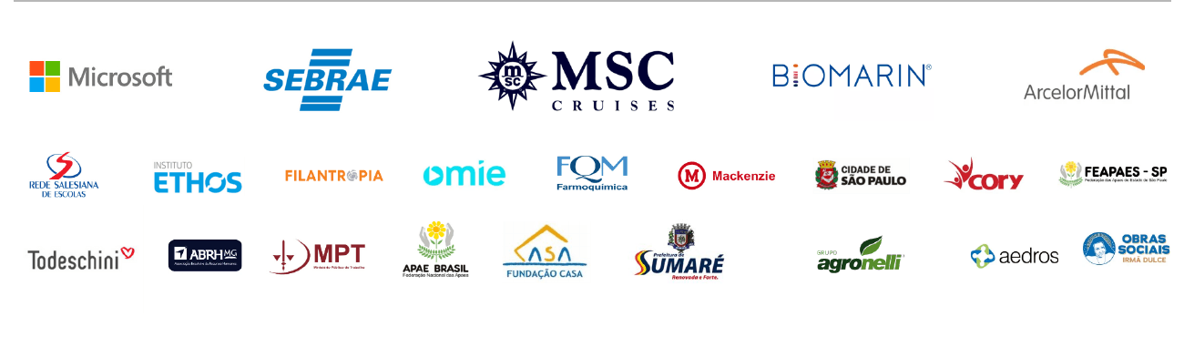 Logos de clientes do Zeppa, incluindo Microsoft, Sebrae, MSC Cruzeiros, ArcelorMittal, Omie, Mackenzie e APAE Brasil